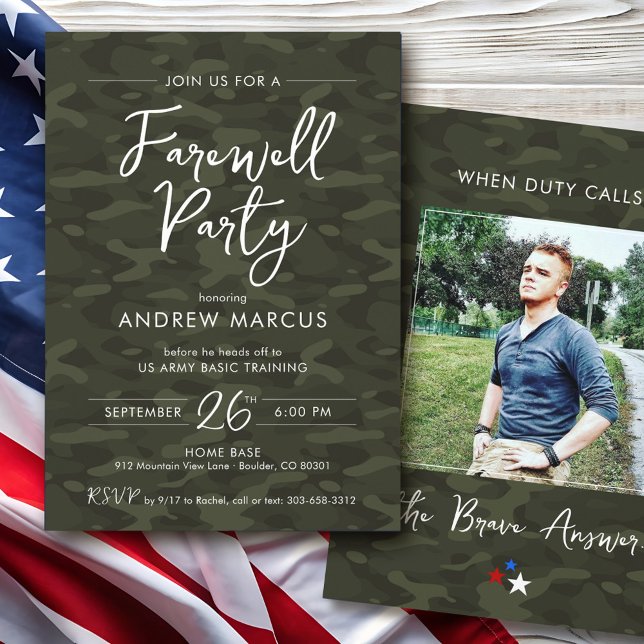 Convites Festa de Despedida com Foto de Camuflagem Militar (Modern US Military camo simple soldier photo Army Air Force Marines Navy going away farewell party)