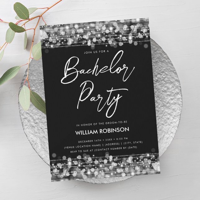 Convites Festa de Despedida de Solas Elegante (Elegant Silver String Lights Bachelor Party Invitation)