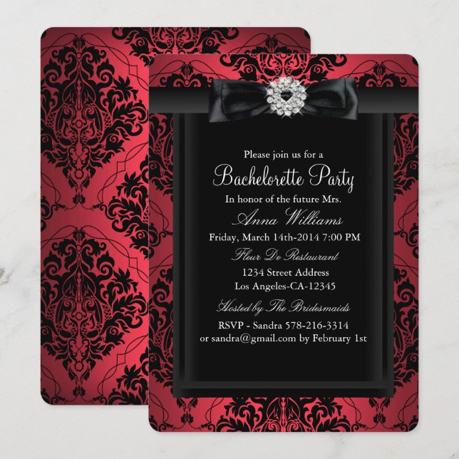 Convites Festa de Despedida de Solteira Chic Damask Vermelh (Frente/Verso)