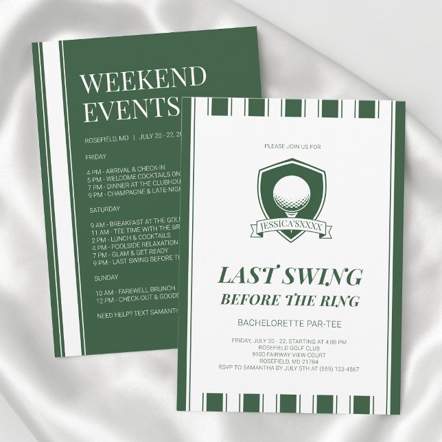 Convites Festa de Despedida de Solteira de Golfe Verde List (Striped Green White Last Swing Golf Bachelor Party Invitation)