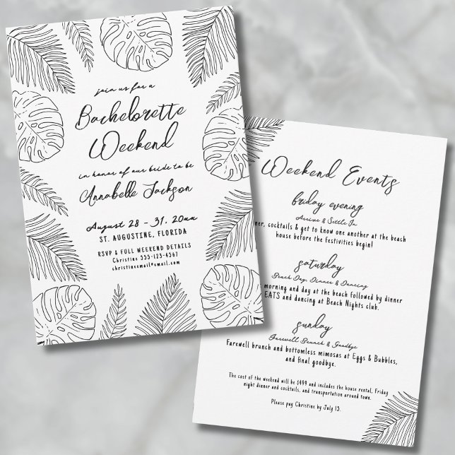 Convites Festa de Despedida de Solteira Elegante na Praia T (Tropical Hand Drawn Beach Bachelorette Party Invitation)