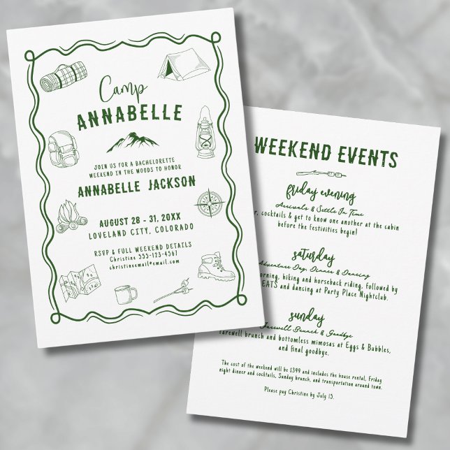 Convites Festa de Despedida de Solteira em Acampamento de A (Outdoor Adventure Camp Bachelorette Party Invitation)