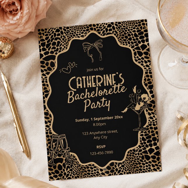 Convites Festa de Despedida de Solteira Glam Preta e Dourad (Glam Black & Gold Leopard Print Bachelorette Party Invitation)