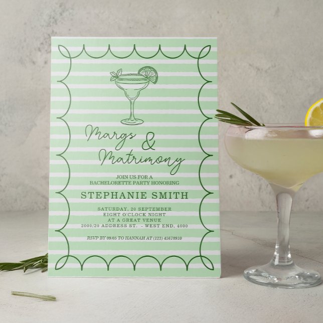Convites Festa de Despedida de Solteira Green Margs e Matri (Set the tone for a lively pre-wedding celebration with this mint green “Margs & Matrimony” invite)