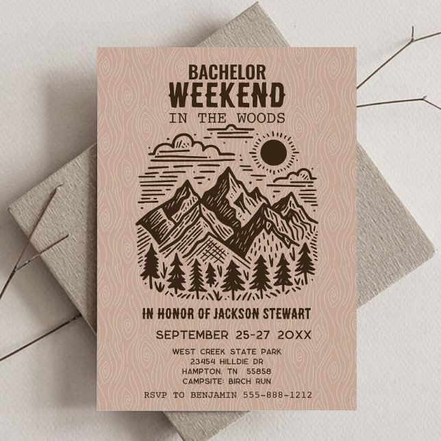 Convites Festa de Despedida de Solteiro ao Ar Livre (Camping Bachelor Party Invitation with Modern Mountains)