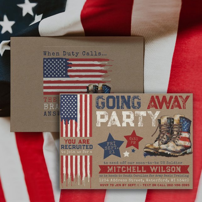 Convites Festa de Despedida Festa de Despedida Militar Band (Military Soldier Army Going Away Party Invitation, Patriotic Farewell, USA Flag, Rustic, star, boots)