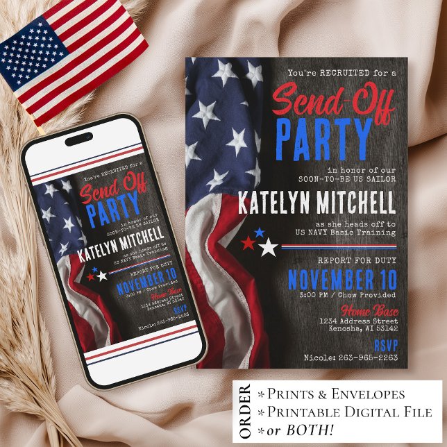Convites Festa de Despedida Militar Rústica Patriótica com  (Printable patriotic US flag military send-off going away farewell party invitation digital download)