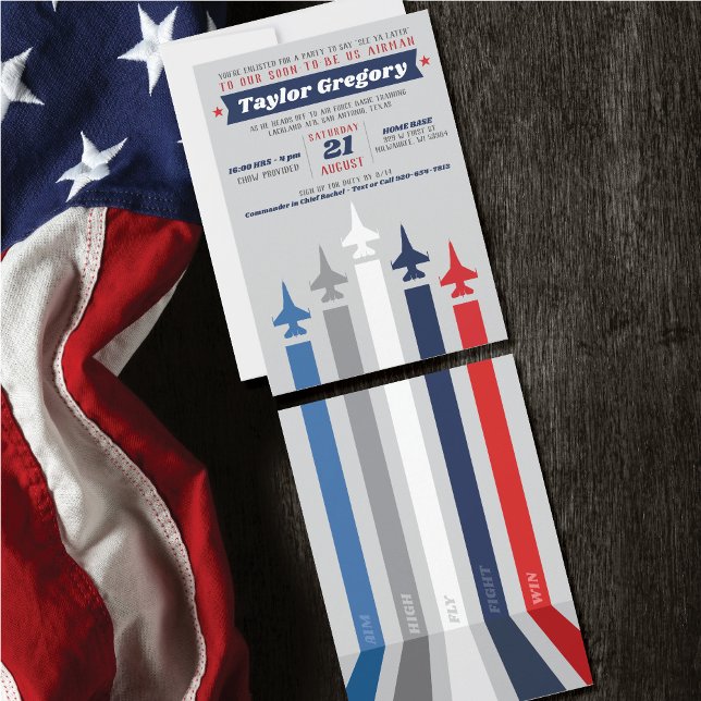 Convites Festa de Despedida Treinamento Básico da Força Aér (Going Away, Farewell Party Invitation, Air Force Jet Plane, front & back, stripes, aim high, fly win)