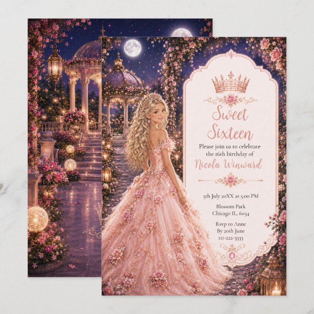 Convites Festa de Dezesseis Anos com Rosa Bege ao Luar (Frente/Verso)