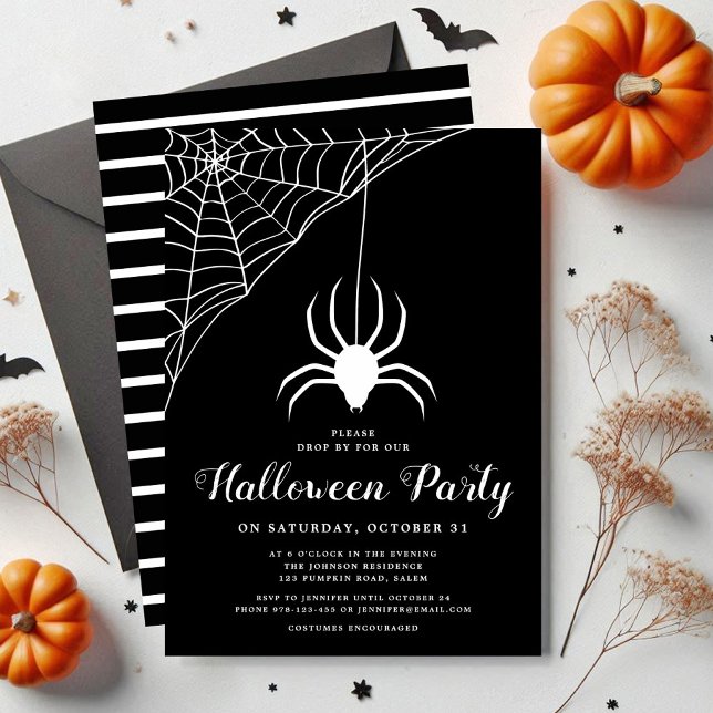 Convites Festa de Dia das Bruxas Branca, Preta e Branca (Cute Spider Black And White Halloween Party Invitation)