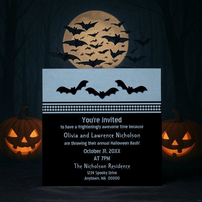 Convites Festa de Dia das Bruxas, Convidado, Azul Claro (Light Blue Gone Batty Halloween Party Invitation)