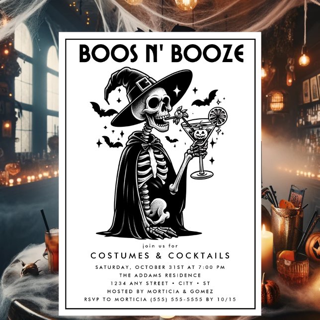 Convites Festa de Dia das Bruxas de Adultos Brancos Pretos  (Boos n' Booze Halloween Party Invitation)