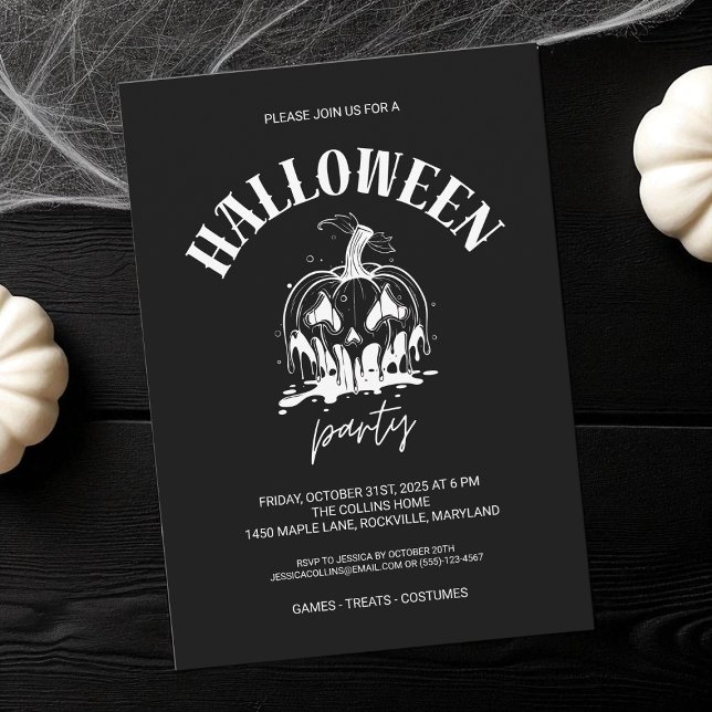 Convites Festa de Dia das Bruxas de Adultos de Abóbora Pret (Black and White Pumpkin Adult Halloween Party Invitation)