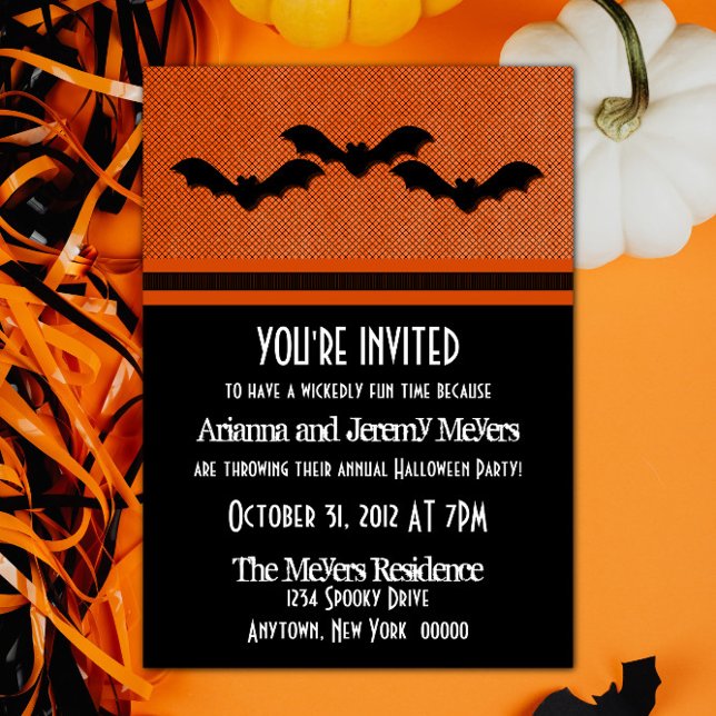 Convites Festa de Dia das Bruxas de Bats Cerrante, Laranja (Creepy Bats Halloween Party Invite - Orange)