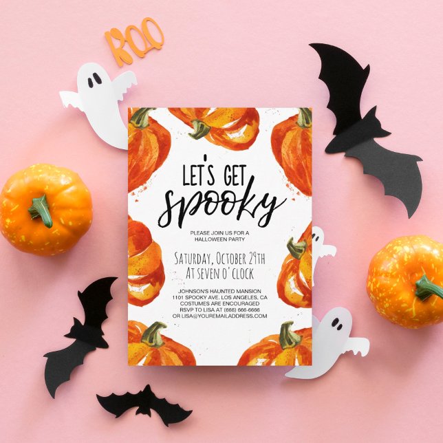 Convites Festa de Dia das Bruxas de Bombeiros Spooky (Let's get spooky typography watercolor orange pumpkin border party invitation.)