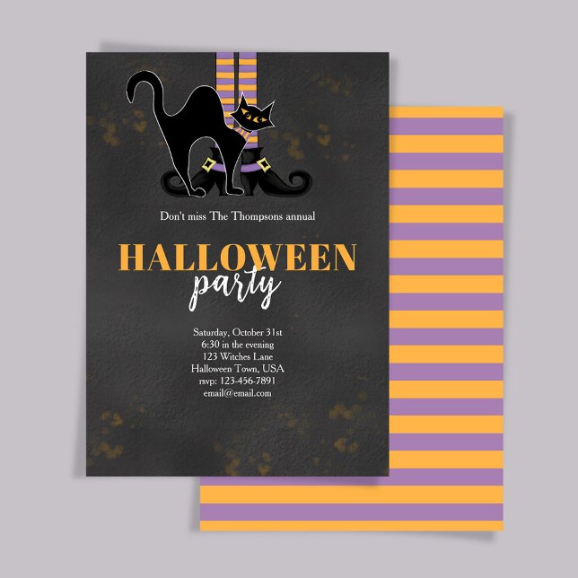 Convites Festa de Dia das Bruxas de Gato Negro Negro Negro  (Halloween Party witch and black cat invitation.)