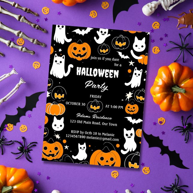 Convites Festa de Dia das Bruxas retro gatos fantasmas abób (Groovy Halloween party jack o lanterns ghosts cats black template invitation instant download)