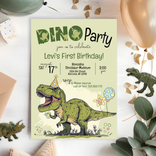 Convites Festa de Dino de Primeiro Aniversário do Dinossaur (Cute Cartoon T-Rex Dinosaur wearing birthday hat, First Birthday Dino Party invitation, one-a-saurus)