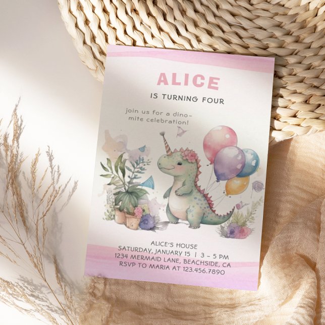 Convites Festa de Dino, Uma Garota Cólvora Rosa Rosa, Anive (Criador carregado)