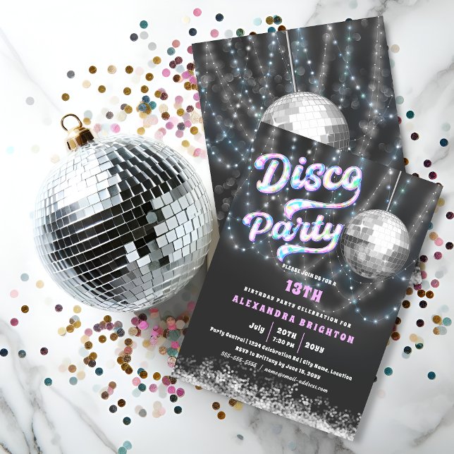 Convites Festa de Disco de Aniversário (Birthday disco party invitation front and back view.)