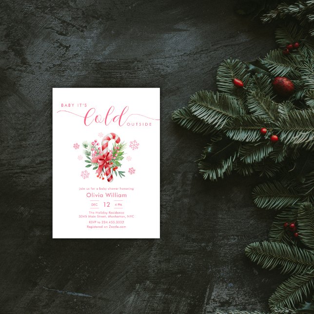 Convites Festa de Doces de Natal Floco de Neve de Inverno C (Winter Snowflake Festive Candy Cane Baby Shower Invitation)