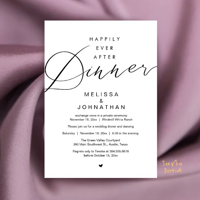 Convites Festa de Elopamento de Casamento Jantar Feliz para (Happily Ever After Dinner Wedding Elopement Party Invitation Card in White and Black)