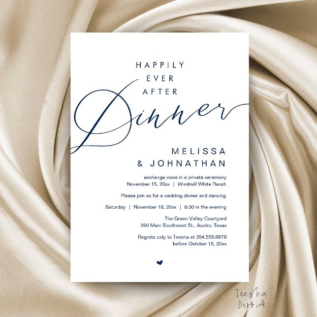 Convites Festa de Elopement de Casamento Com Jantar Feliz P (Happily Ever After Dinner Wedding Elopement Party Invitation Card in Navy Blue)