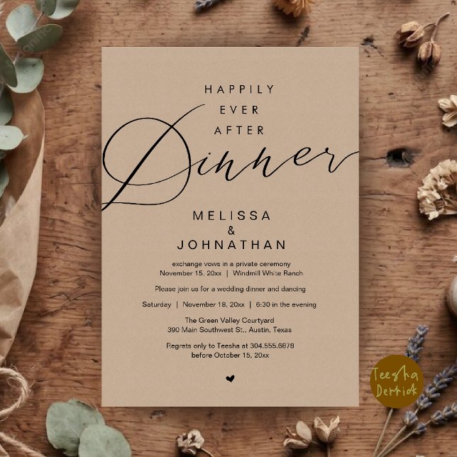 Convites Festa de Elopement de Casamento Jantar Feliz para  (Happily Ever After Dinner Wedding Elopement Party Invitation Card in Brown Kraft)