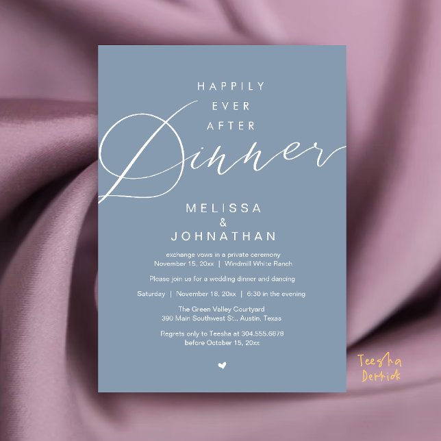 Convites Festa de Elopement de Casamento Jantar Felizes par (Happily Ever After Dinner Wedding Elopement Party Invitation Card in Dusty Blue)