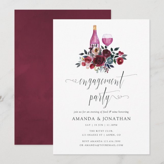 Convites Festa de Engajamento Boho Burgundy & Navy Degustaç (Frente/Verso)