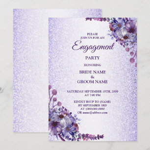 Convites Festa de Engajamento com Brilho Floral Roxo Azul R