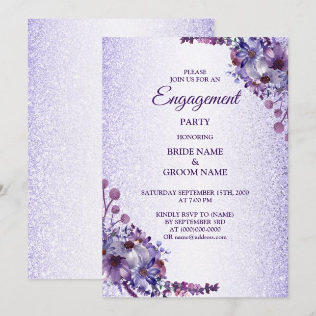 Convites Festa de Engajamento com Brilho Floral Roxo Azul R (Frente/Verso)