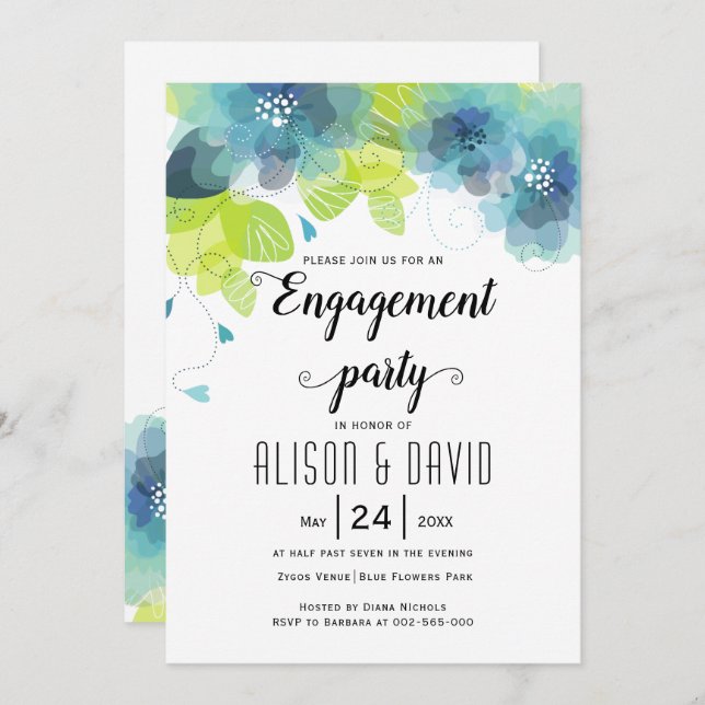 Convites Festa de engajamento de casamento de flores azuis  (Frente/Verso)