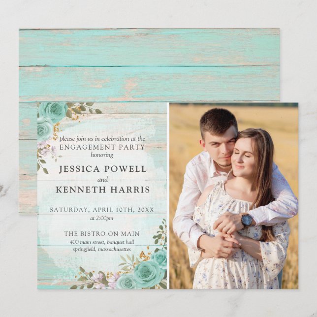 Convites Festa de Engajamento de Rosas Turquesa de Madeira  (Frente/Verso)