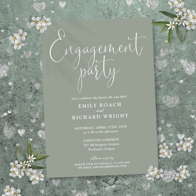 Convites Festa de Engajamento Elegante em Verde Sálvia com  (Sage Green Elegant Script Engagement Party Invitation)