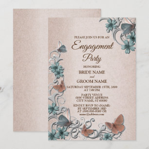 Convites Festa de Engajamento Floral Borboleta Bege Prata T