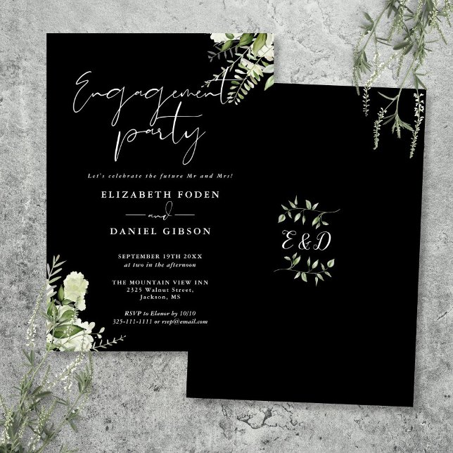 Convites Festa de Engajamento Floral Preto e Branco (Floral Black And White Engagement Party Invitation)