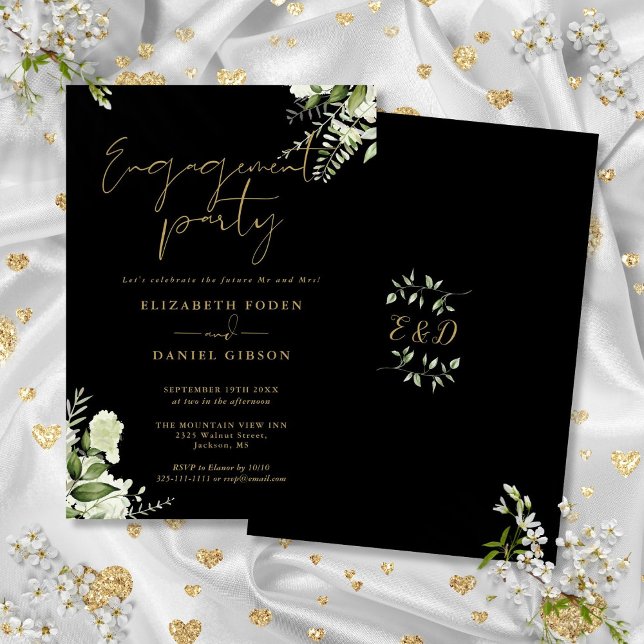 Convites Festa de Engajamento Floral Verde e Dourado (Greenery Floral Black And Gold Engagement Party Invitation)