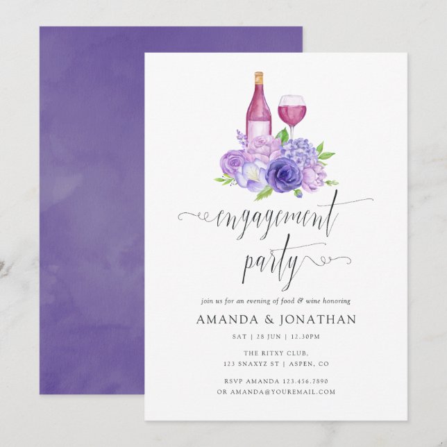 Convites Festa de Engajamento Floral Violeta Ultra Degustaç (Frente/Verso)