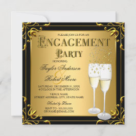 Convites Festa de Engajamento Preto Champagne Falso Dourado