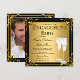 Convites Festa de Engajamento Preto Champagne Falso Dourado