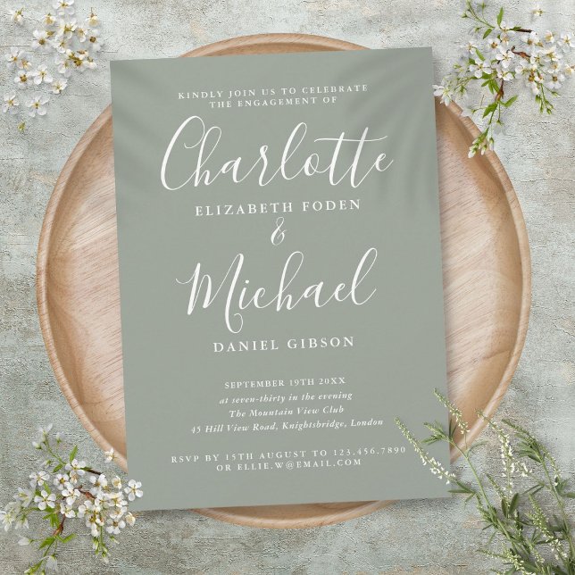 Convites Festa de Engajamento Simples Assinatura Sage  (Simple Signature Script Sage Engagement Party Invitation)