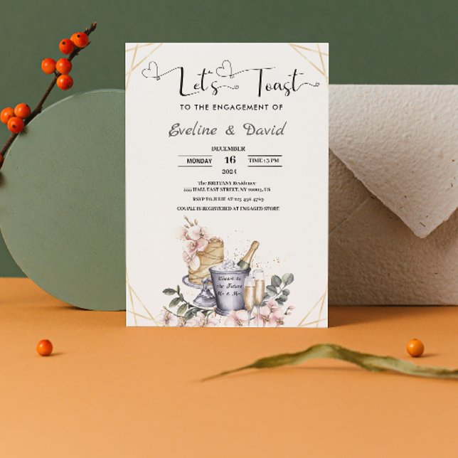 Convites Festa de Engajamento Vamos Brindar Aquarela Floral (Let's Toast Engagement Party Watercolor Floral Invitation  elegant floral gold classic)