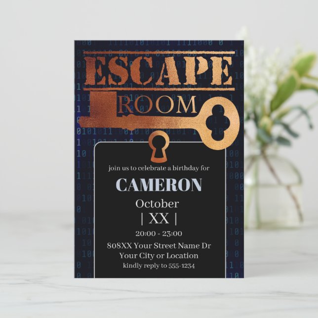 Convites Festa de Escape Room Trava e Chave Código Binário  (Em pé/Frente)