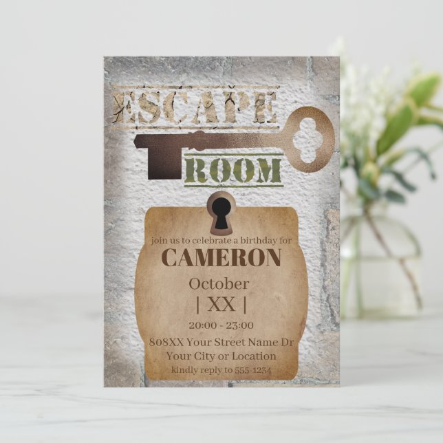 Convites Festa de Escape Room Trava e Chave Concreto e Tijo (Em pé/Frente)