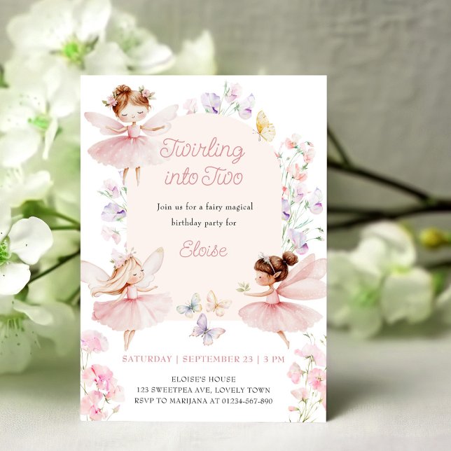 Convites Festa de Fadas com Duas Meninas Fazendo Piruetas p (Twirling into Two, Fairy themed, Girl 2nd birthday party invitation)