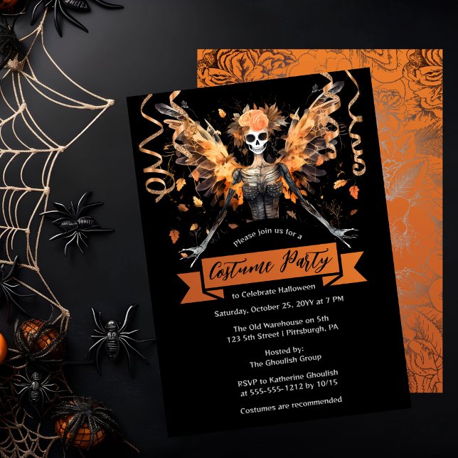 Convites Festa de fantasia de Faerie Halloween (Gothic Skeleton Faerie Halloween Costume Party Invitation)