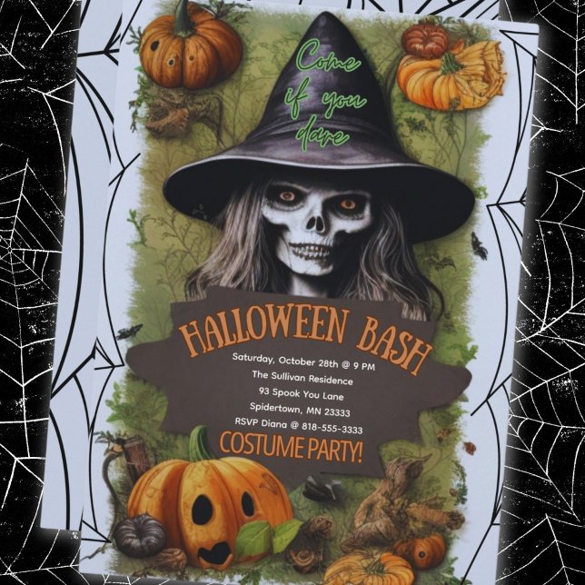 Convites Festa de fantasia de Halloween Bash, bruxa assusta (Halloween Costume Party Ugly With Invitation)