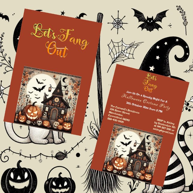 Convites Festa de fantasia do Dia das Bruxas Assustadora (Lets Fang Out Script Scary Halloween Costume Party Invitation)