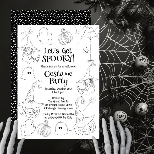Convites Festa de fantasia do Dia das Bruxas de vamos (Black and white 'Let's Get Spooky!' Halloween Costume Party design.)